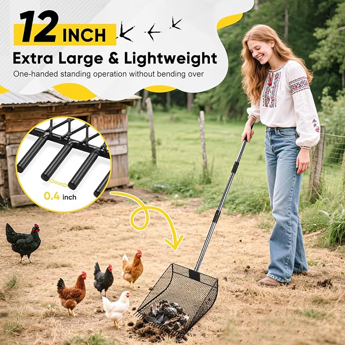 Upgraded 12-inch Chicken Poop Scooper Rake, Durable Metal Coop Scoop for Chicken with 24 to 68" Adjustable Stainless Steel Handle, Litter Scooper for Sand Sifting Shovel for Animals House
