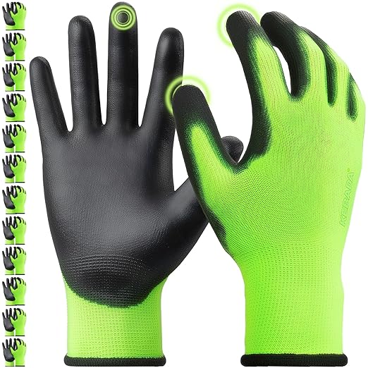 Kebada W1 Work Gloves for Men and Women, PU Coated Safety Gloves with Grip, Touchscreen, Ideal for Warehouse Package Handling, Construction, Gardening, Green Medium