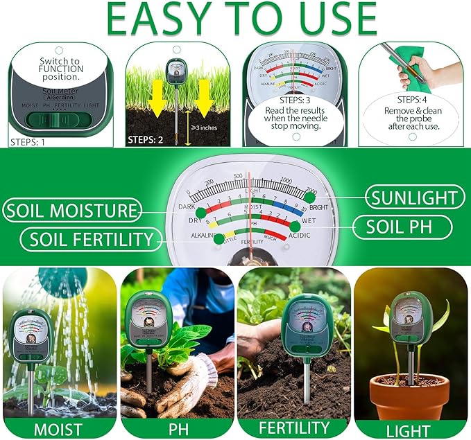 Soil Tester, Soil Moisture Meter/Soil pH Meter/Sun-Light/Fertility for Gardening, Large Dial Soil pH Tester Plant Water Meter for Indoor&Outdoor Garden,Farm Soil Test Kit-DeepGreen