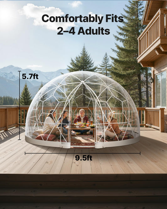 VEVOR Garden Dome Tent, 9.5 x 5.7 ft Outdoor Clear Bubble Tent for 2-4 Person, Weatherproof Geodesic Dome Greenhouse with Window, PVC Transparent Tents for Backyard Patios Camping Party Wedding