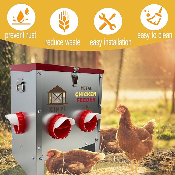 XINYI 35 lb Automatic Chicken Feeder 6 Ports, Metal Chicken Feeder No Waste, Rodent Proof Chicken Food Dispenser System, Weatherproof Duck Feeder 7.1 Gallon