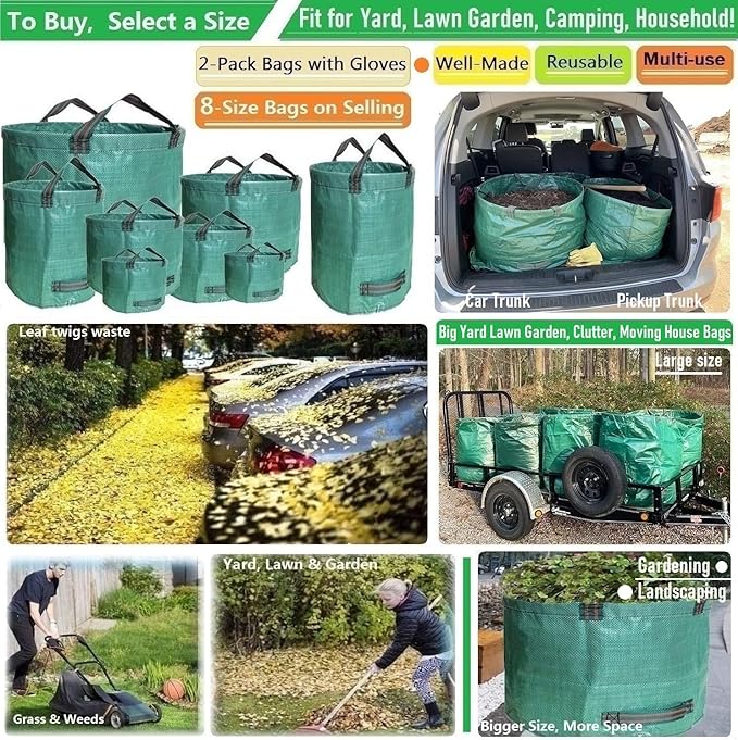 Professional 2-Pack 106 Gallon Large Lawn Garden Bags (D31, H31 in) Yard Waste Bags with Gardening Gloves, Big Leaf Bag,Yard Debris Bags,Garden Trash Container,Lawn Grass Clippings,Weeds Bag 4 Handles