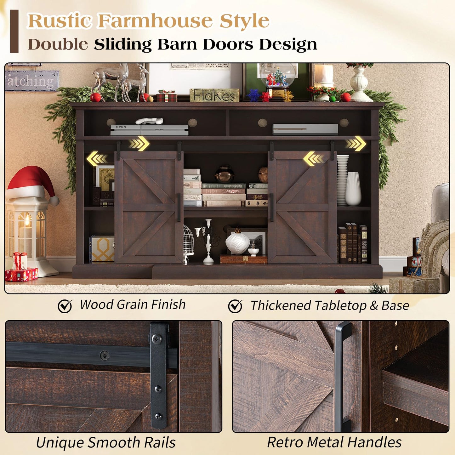 LUXOAK 66" Farmhouse TV Stand for 75 Inch TVs, 40" Tall Entertainment Center with Sliding Barn Doors, Rustic Media Console Table Storage Cabinet with Adjustable Shelves, Living Room, Sawdust Brown