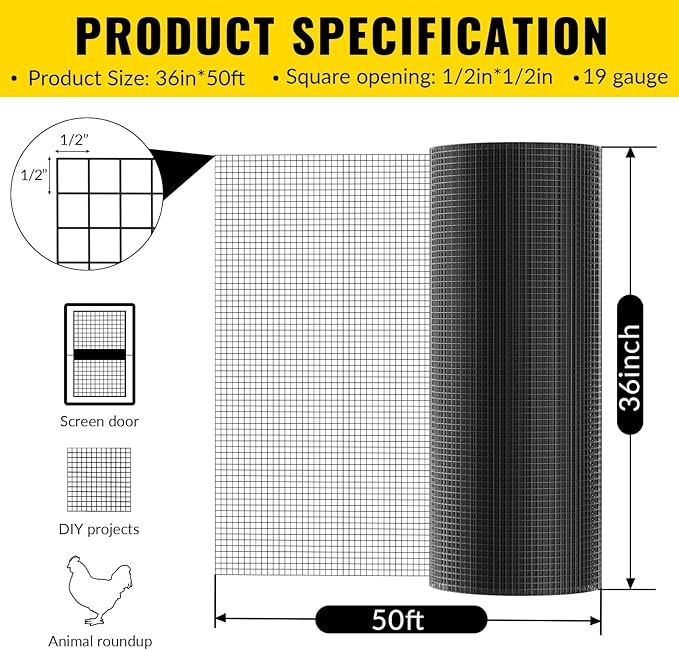 Hardware Cloth 1/2 inch 36 x 50 ft Heavy Duty Black Chicken Wire Fencing 19 Gauge Vinyl Coated Welded Wire Mesh Roll PVC Hardware Cloth Chicken Wire Fencing Garden Fence Tree Guard