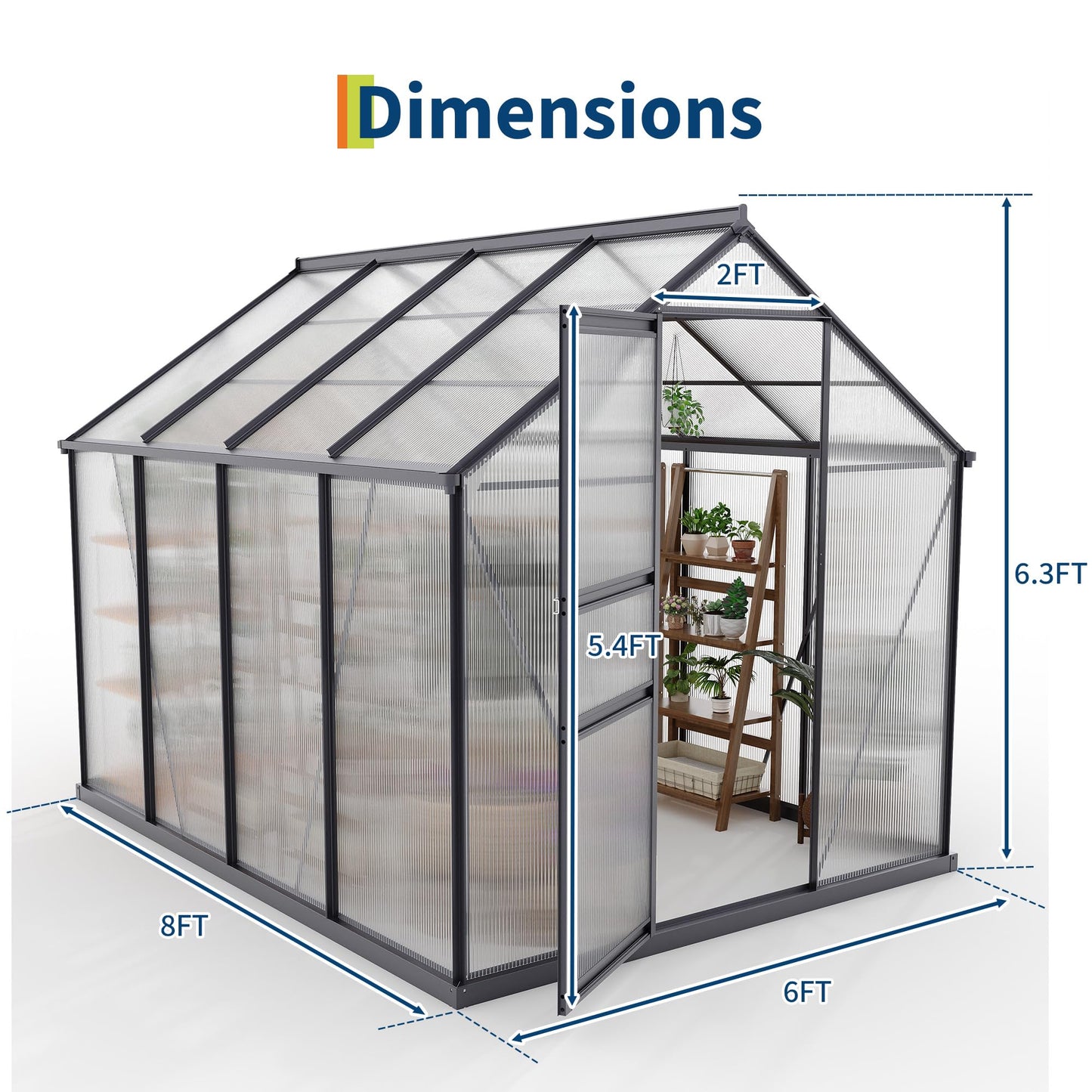 6*8 FT Outdoor Walk-in Greenhouse, Polycarbonate Green House, Heavy Duty Greenhouse with Vented Roof Window, Windproof Aluminum Frame, Suitable for Outside Gardening, Backyard, Patio