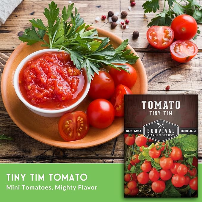 Survival Garden Seeds - Tiny Tim Tomato Seeds for Planting - 2 Packs with Instructions to Grow in Your Home Vegetable Garden - Non-GMO Heirloom Variety