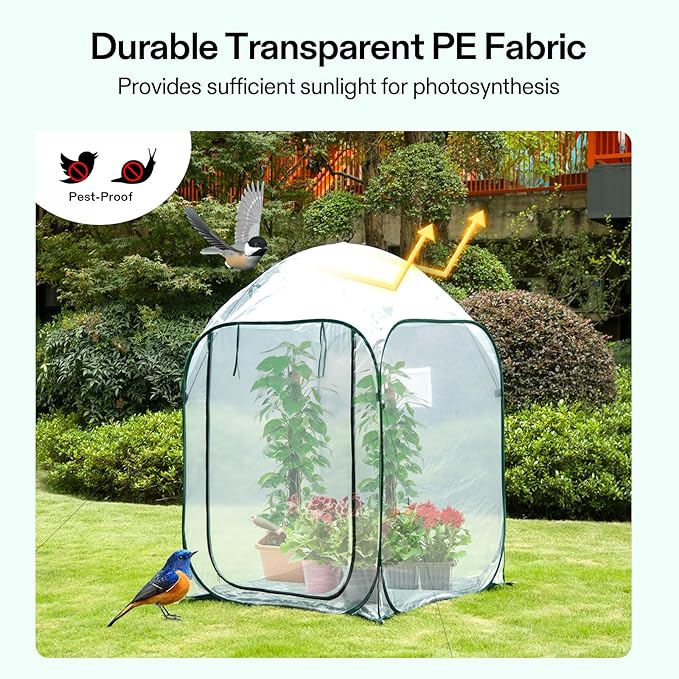 VIVOSUN 39x39x63-Inch Portable Walk-in Greenhouse, with PVC Cover & Detachable Base, Instant Pop-up and Folding, Mini Greenhouse with Roll-Up Door & Mesh Window for Indoor Outdoor, Wind Ropes Included