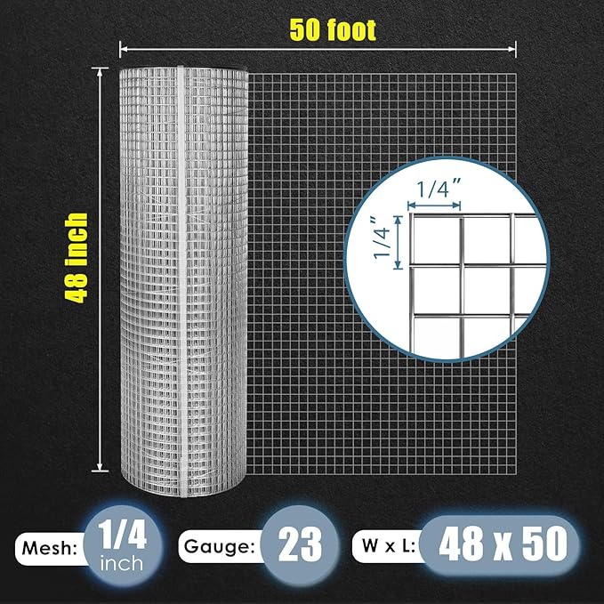 GoldPeak Hardware Cloth 1/4 inch 48'' x 50' 23 Gauge, Hot-dip Galvanized After Welding, Chicken Wire Mesh Roll Chicken Wire Fence Welded Wire Fencing Wire Cloth Snake Fence