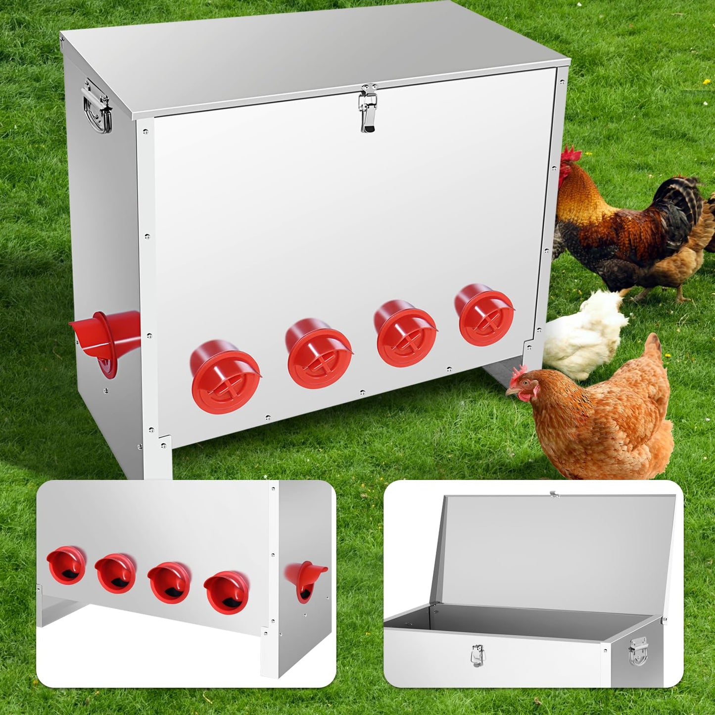 YXJSTO Metal Chicken Feeder 85 lbs Capacity, Galvanized Chicken Feeder with 10 Ports, Waterproof Automatic Poultry Feeder Suitable for Geese, Ducks, Turkeys, Quails