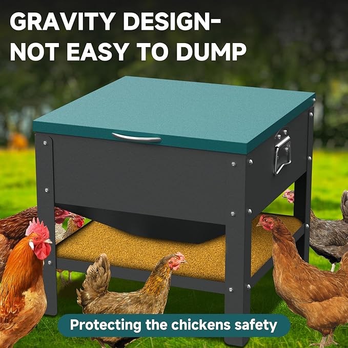 Automatic Chicken and Duck Feeder, 80 LBS Capacity Metal Chicken Feeder, Weatherproof Outdoor Gravity Feeding Barrel, No-Waste Feeder for Backyard Flock (Green)