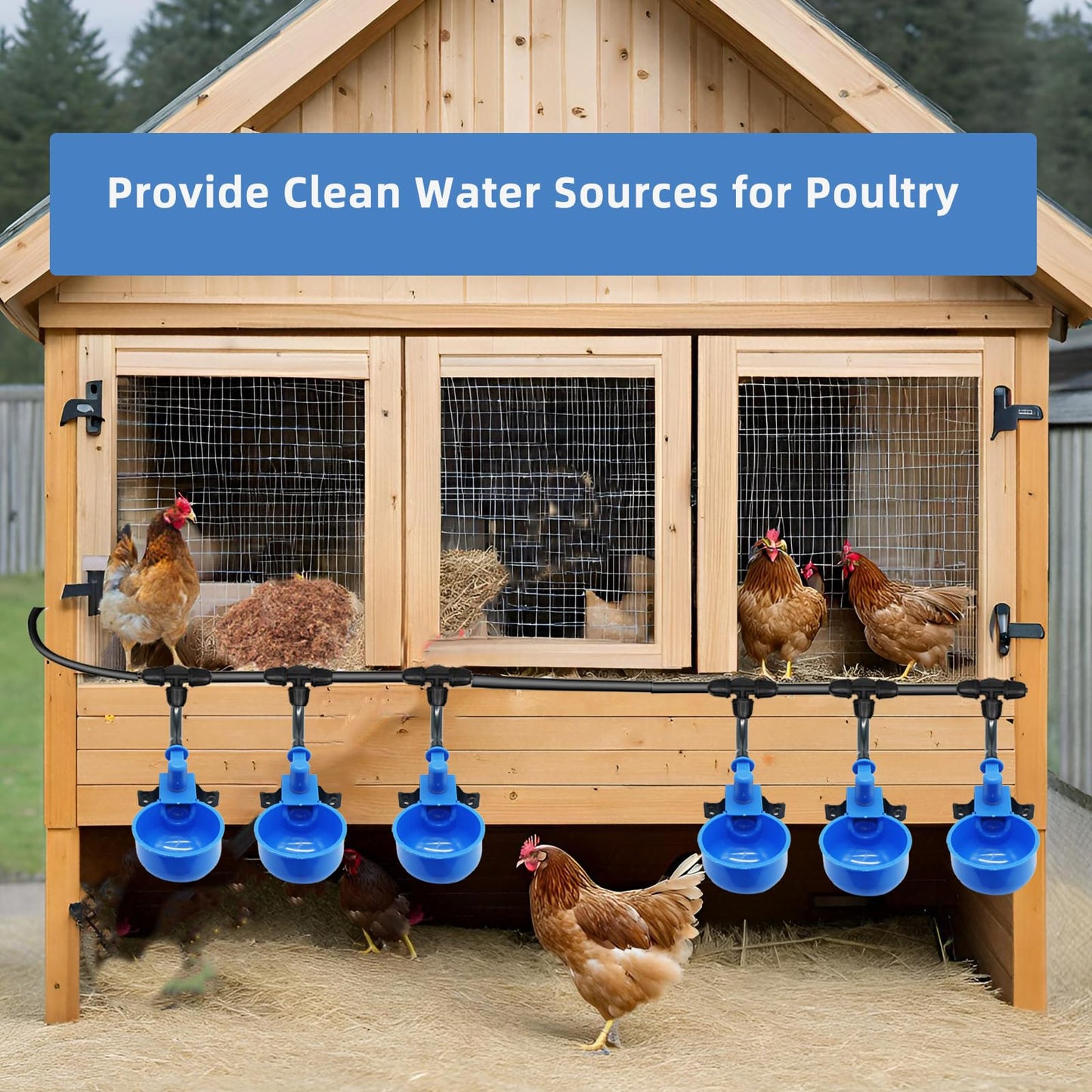Automatic Chicken Waterer – Float Controlled 6 pcs Chicken Water Cups with Hose Fitting, No-Spill Chickens Watering System,Quick-Connect Poultry Water Dispenser.