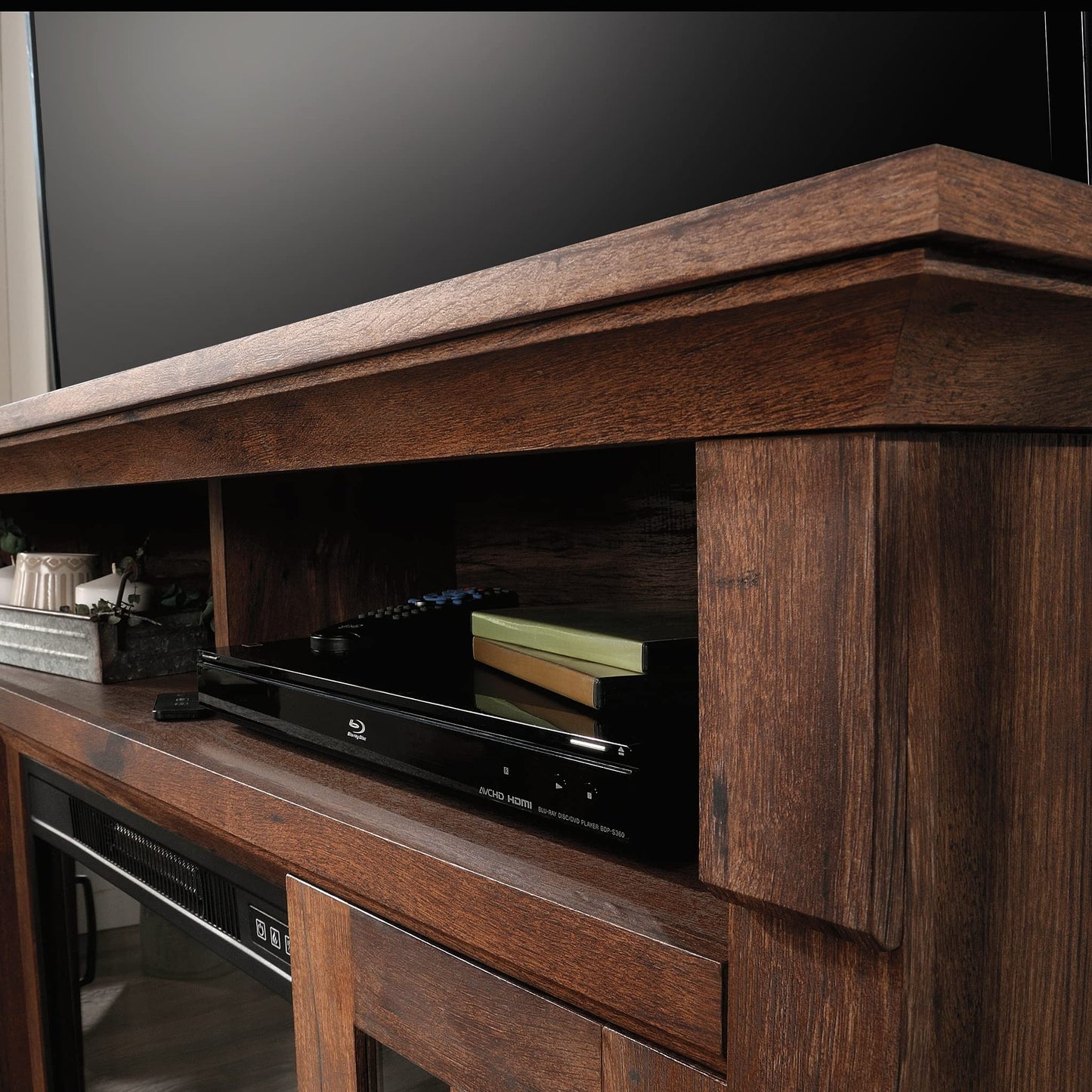 Sauder Miscellaneous Fireplace Credenza, L: 60.0" x W: 16.73" x H: 35.04", Vintage Oak Finish