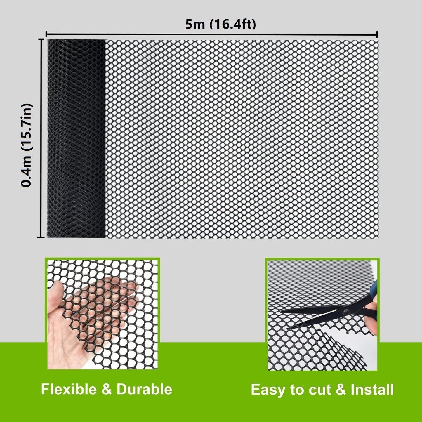15.7IN x 16.4FT Plastic Chicken Wire Mesh Fence Roll, GENNIZZ Rigid Plastic Fencing & Netting for Garden, Poultry, Dog Cat Barrier (0.4m x 5m)