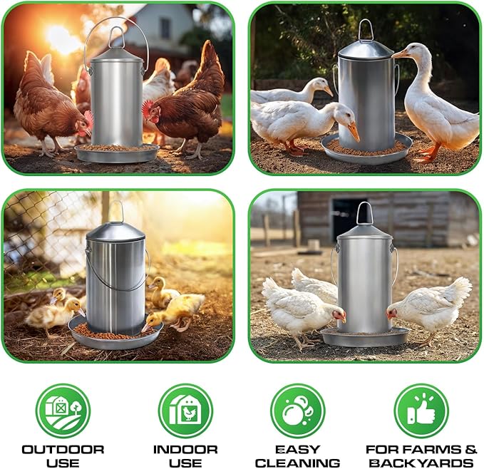 Plexon 8.8 Lb Stainless Steel Hanging Chicken Feeder no Waste Food-Grade - Duck Turkey Poultry Feeder for Chicken Metal - Heavy Duty Reliable Long-Lasting with Handle