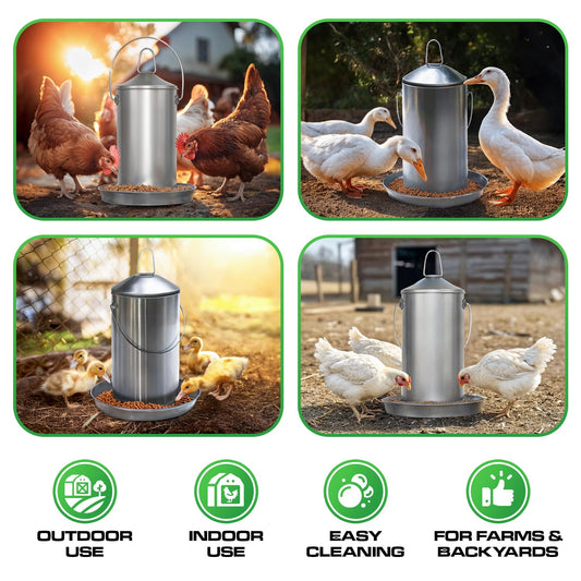 Plexon 8.8 Lb Stainless Steel Hanging Chicken Feeder no Waste Food-Grade - Duck Turkey Poultry Feeder for Chicken Metal - Heavy Duty Reliable Long-Lasting with Handle