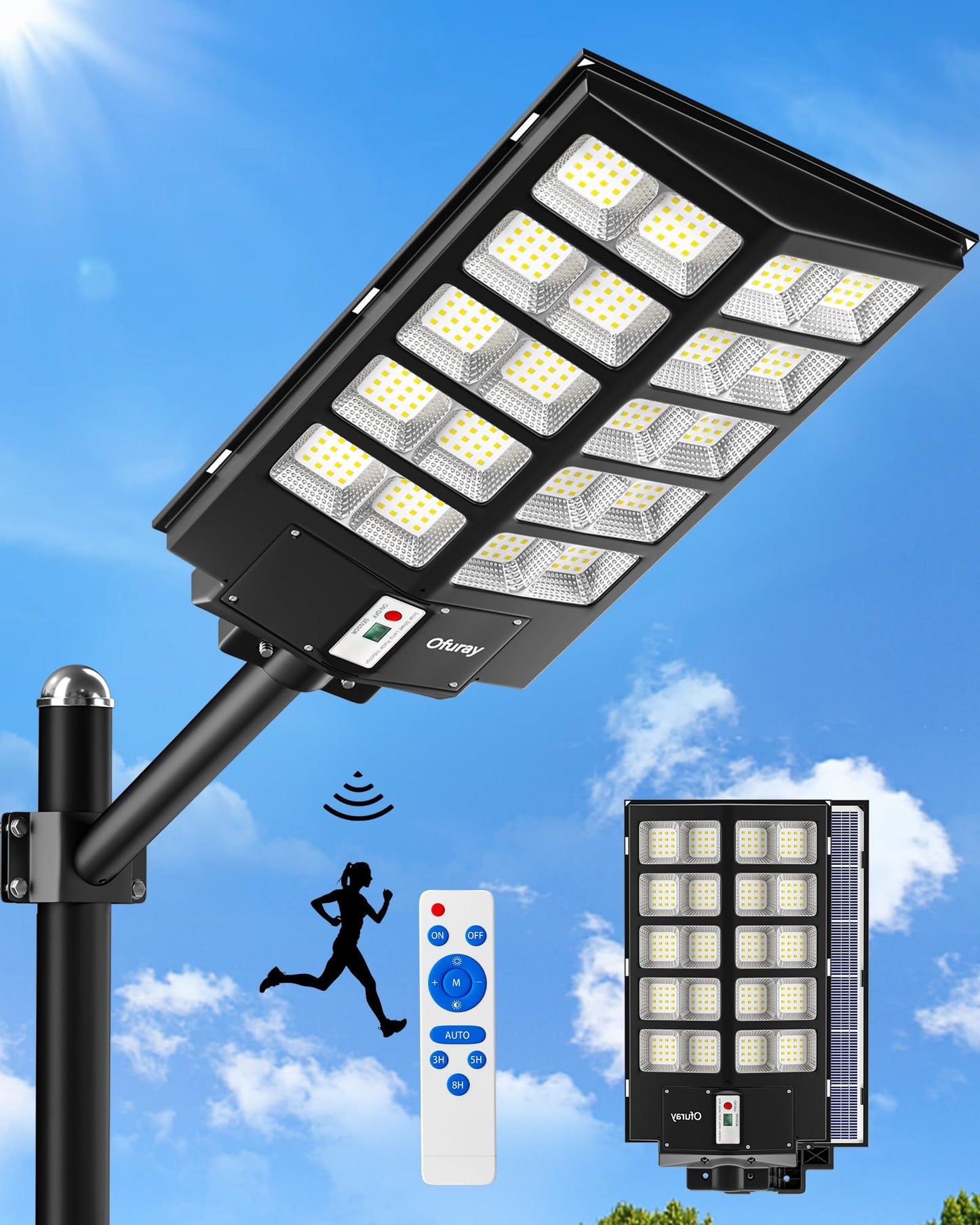 Ofuray Solar Street Lights Outdoor,Solar Parking Lot Lights Commercial with Motion Sensor, 6500k IP67 Street Dusk to Dawn with Remote Control for Street,Park,Barn