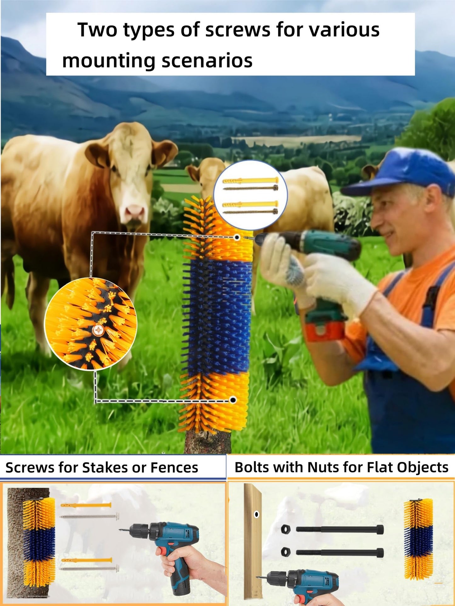 Livestock Scratching Brush, 2pcs Goat scratching Post for pig dog sheep,Durable Cow Brush can be Easily Mounted,Goat Horse Supplies for Livestock Self-Grooming,Protecting the Fence