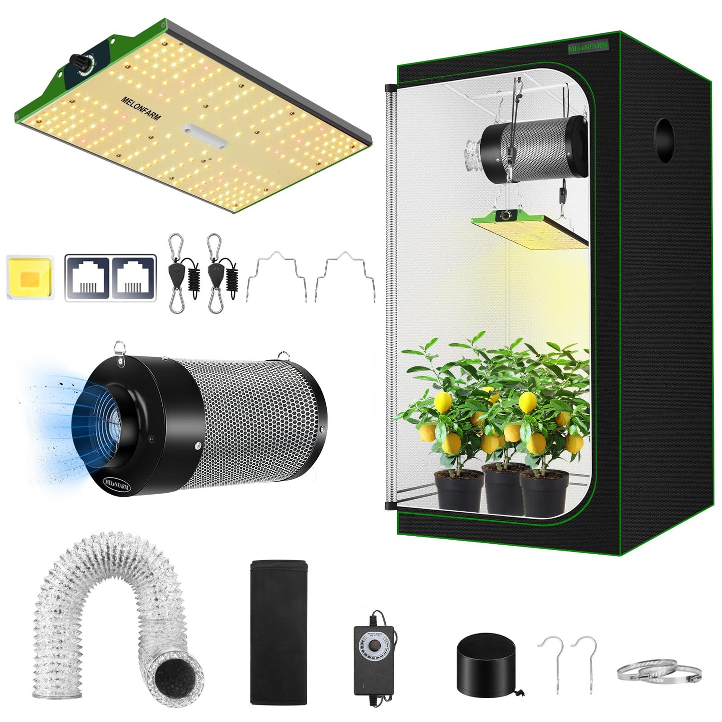 MELONFARM Grow Tent Complete Setup 2x2, 70W Full Spectrum LED Grow Light & 24"x24"x48" Grow Tent Bundle, 4" Efficient Airflow Ventilation System with Soundproof Duct Connector