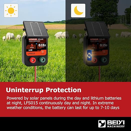 Lydite Solar Electric Fence Charger - 5 Miles Range 20 Acres 0.15 Stored Joules Energizer in Lithium Battery 1.8W Solar Panel Solar Powered Fence Charger for Livestock
