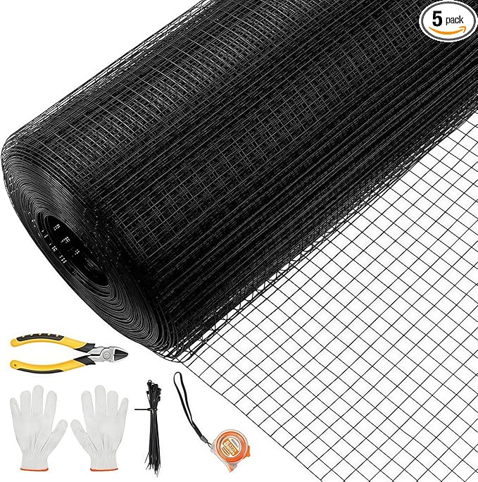 48 in x 100 ft Hardware Cloth, Heavy Duty Black Chicken Wire Fencing, 1/2" 19 Gauge PVC Vinyl Coated Welded Wire Mesh Roll with Measuring Tape Rolling Belt Pliers, for Chicken Coop Garden