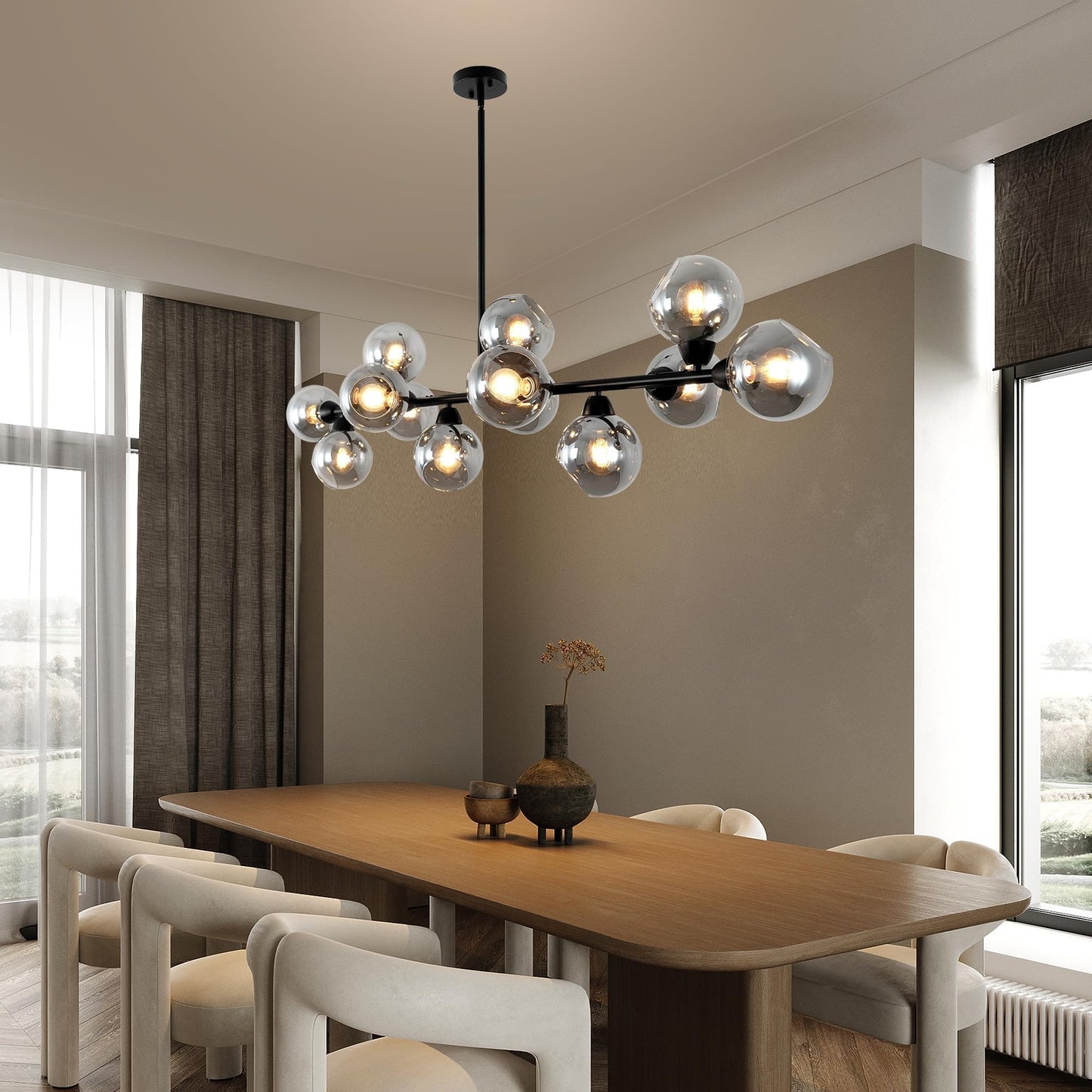 Lzawvm Dining Room Linear Chandelier 13 Lights Sputnik Chandelier Black Kitchen Island Smoky Gray Glass Globe Pendant Light for Living Room Farmhouse Sloped Ceiling, Dia 59 Inch