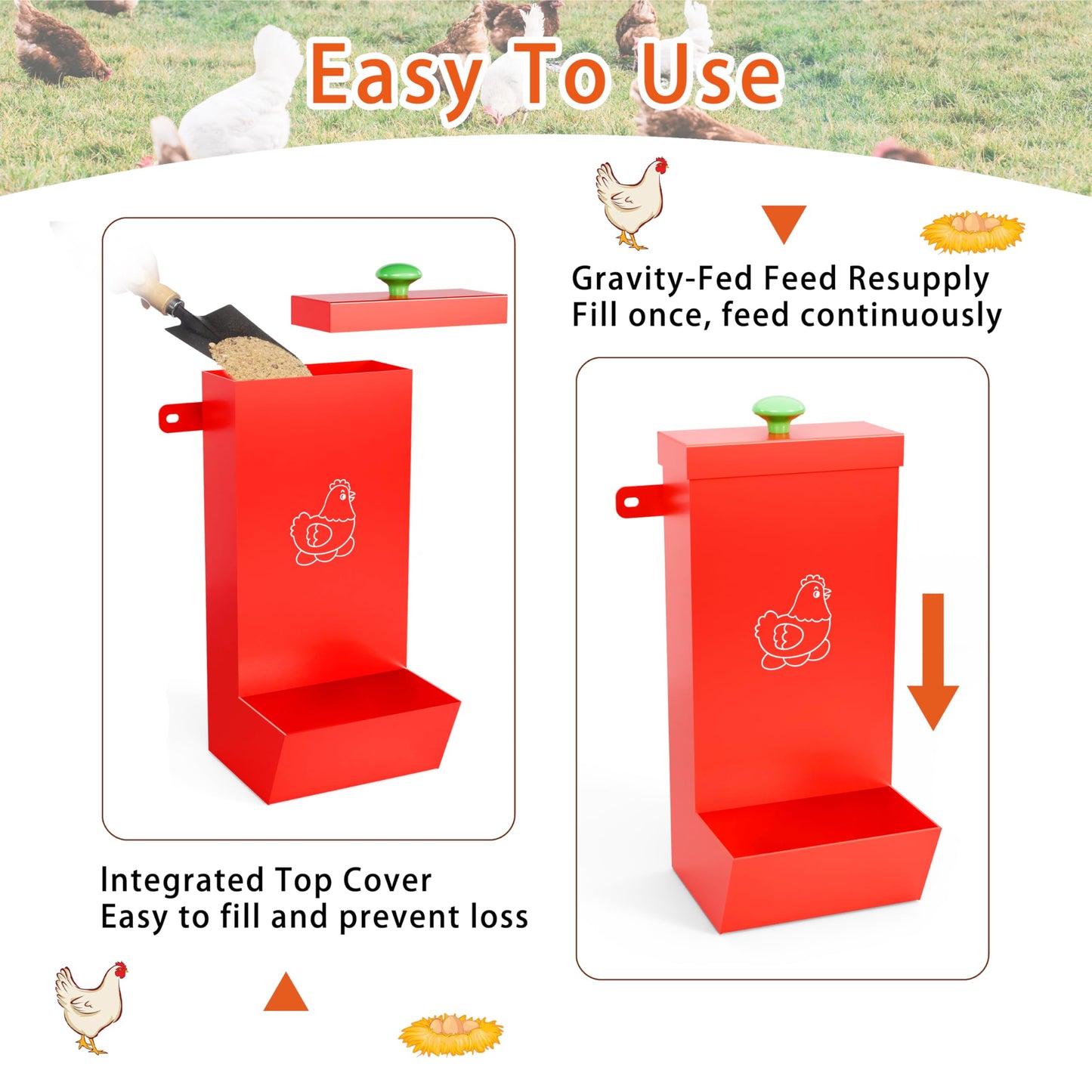 2-Pack Metal Hanging Chicken Feeder with Lid – Waterproof Gravity Poultry Feeder Trough, Automatic Chicken Coop Accessories (Black + Red)