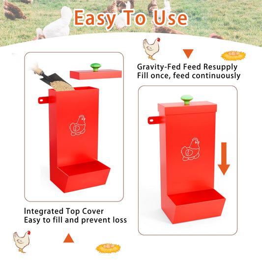 2-Pack Metal Hanging Chicken Feeder with Lid – Waterproof Gravity Poultry Feeder Trough, Automatic Chicken Coop Accessories (Black + Red)
