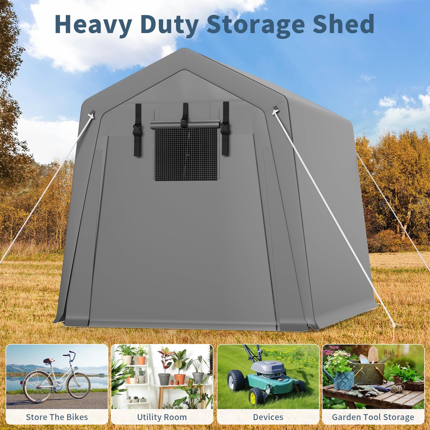 Hipicute 6'x8' Outdoor Portable Storage Shed, Waterproof & UV-Resistant Garage Shelter with 2 Roll-Up Zipper Doors, Anti-Snow Carport Tent for Motorcycle, Bike, and Outdoor Equipment, Gray