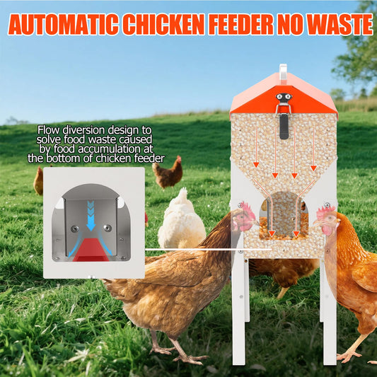 MUDUOBAN Chicken Feeder No Waste 15 Pound,10 Feeding Ports,with Metal Feeder Box Stands for Chicken Poultry Duck,No Food Buildup at The Bottom