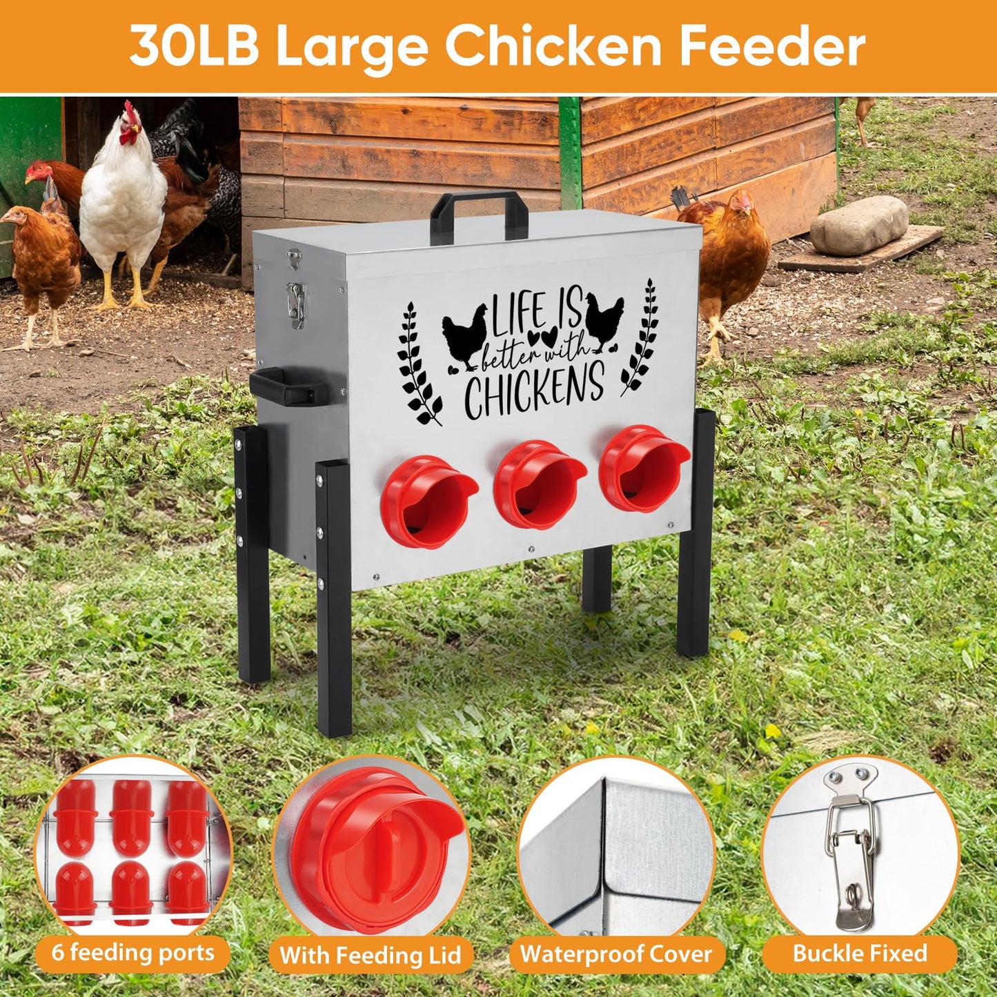 ‎Tgeyd Chicken Feeder Box 30 lbs Galvanized Metal, 6 Feeding Ports, Comes with Metal Feeder Box Stands for Chickens, Ducks, Geese