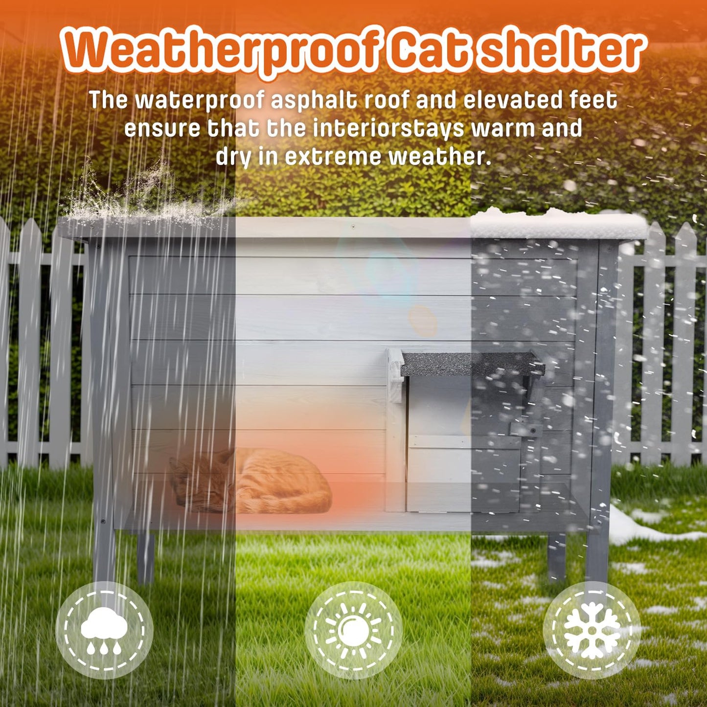 BRIOPAWS Outdoor-Cat-House-Insulated | Feral-Cat-Shelter for Winter | Weatherproof | Large Wooden Pet House for Multiple Cats | Foldable Ladder | Acrylic Side Window | Grey