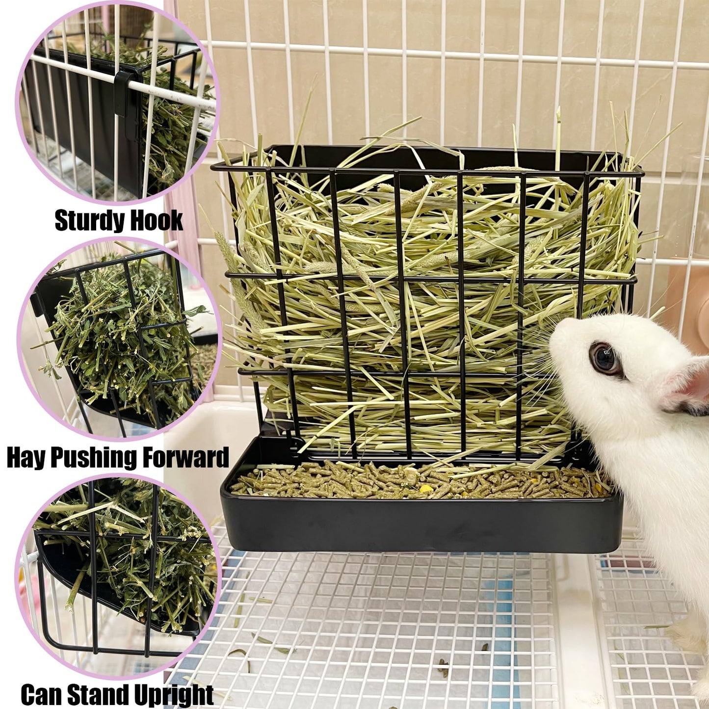 Rabbit Hay Feeder Guinea Pig Hay Holder with Hook Heavy-Duty Metal,Internal Sloping Design，Hay Feeder for Bunny,Rabbit，Chinchillas,Comes with Two Multifunctional Zippers