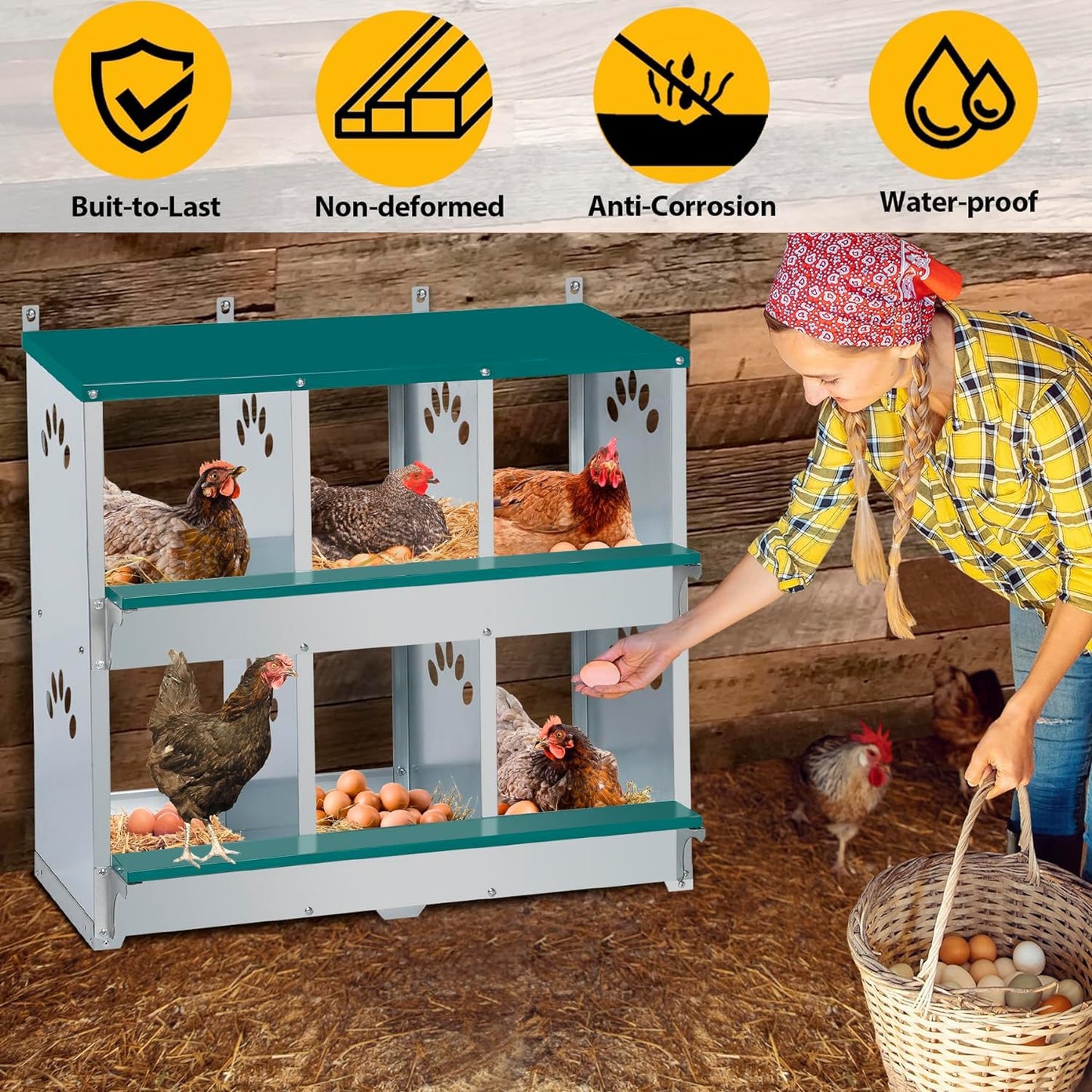 Toriexon Chicken Nesting Box, 6 Compartment Metal Nesting Box, 6 Room Wall Mountable Nesting Boxes for Chicken, Green