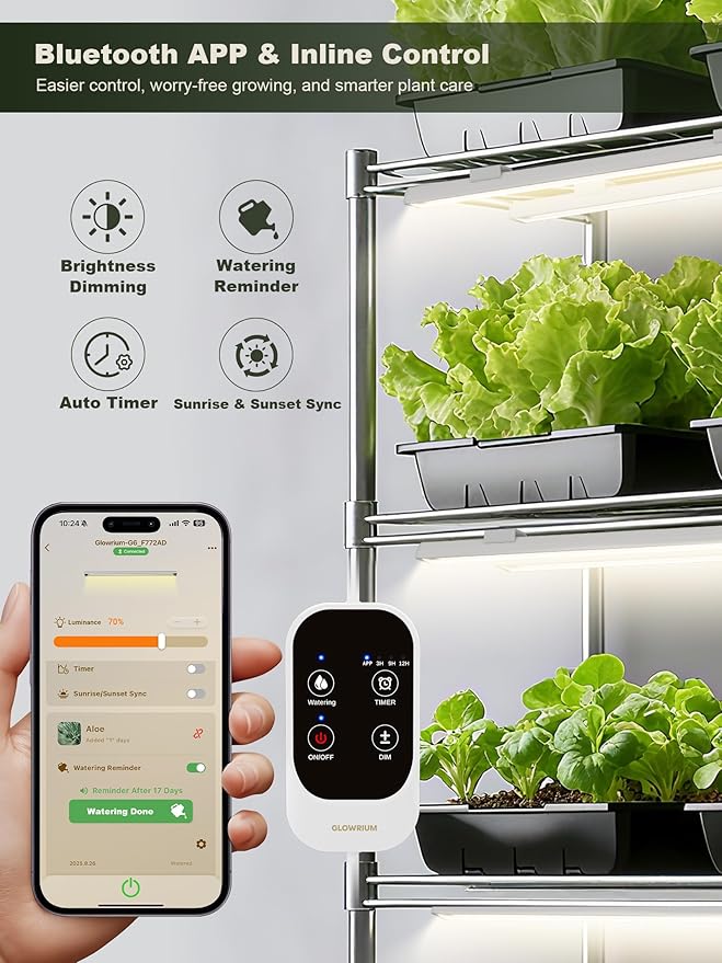 GLOWRIUM Smart Grow Lights for Indoor Plants with APP, 15" Full Spectrum Grow Light Strips, G6 Plant Light Strip with auto Timer, 3 Angle dimming Levels for Plant Shelf,2-Pack (White, 16W)
