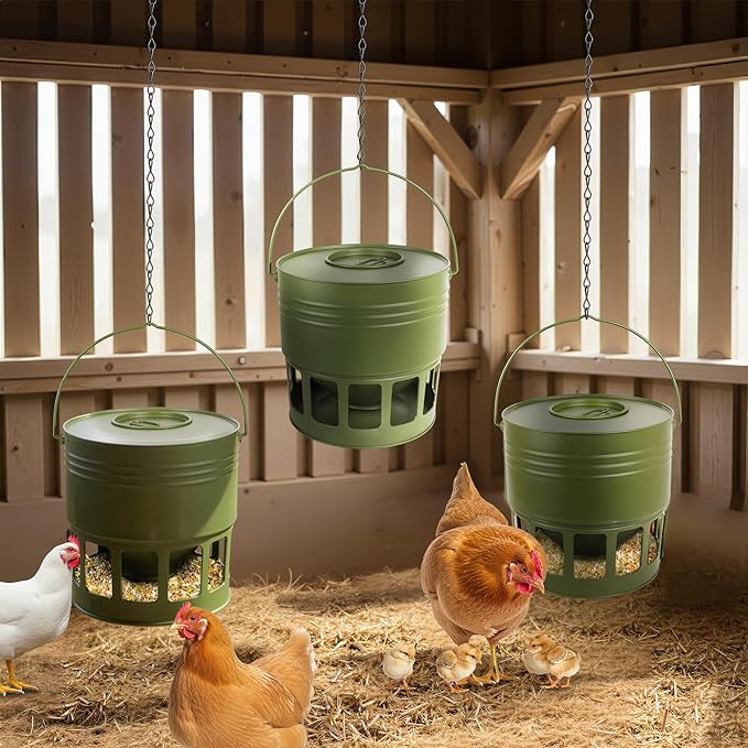 Hanging Chicken Feeder – 20lbs Metal Chicken Feeder, Adjustable Poultry Feeder with 12 Ports, No Installation & Universal Height Design (Avocado Green, 20lbs)