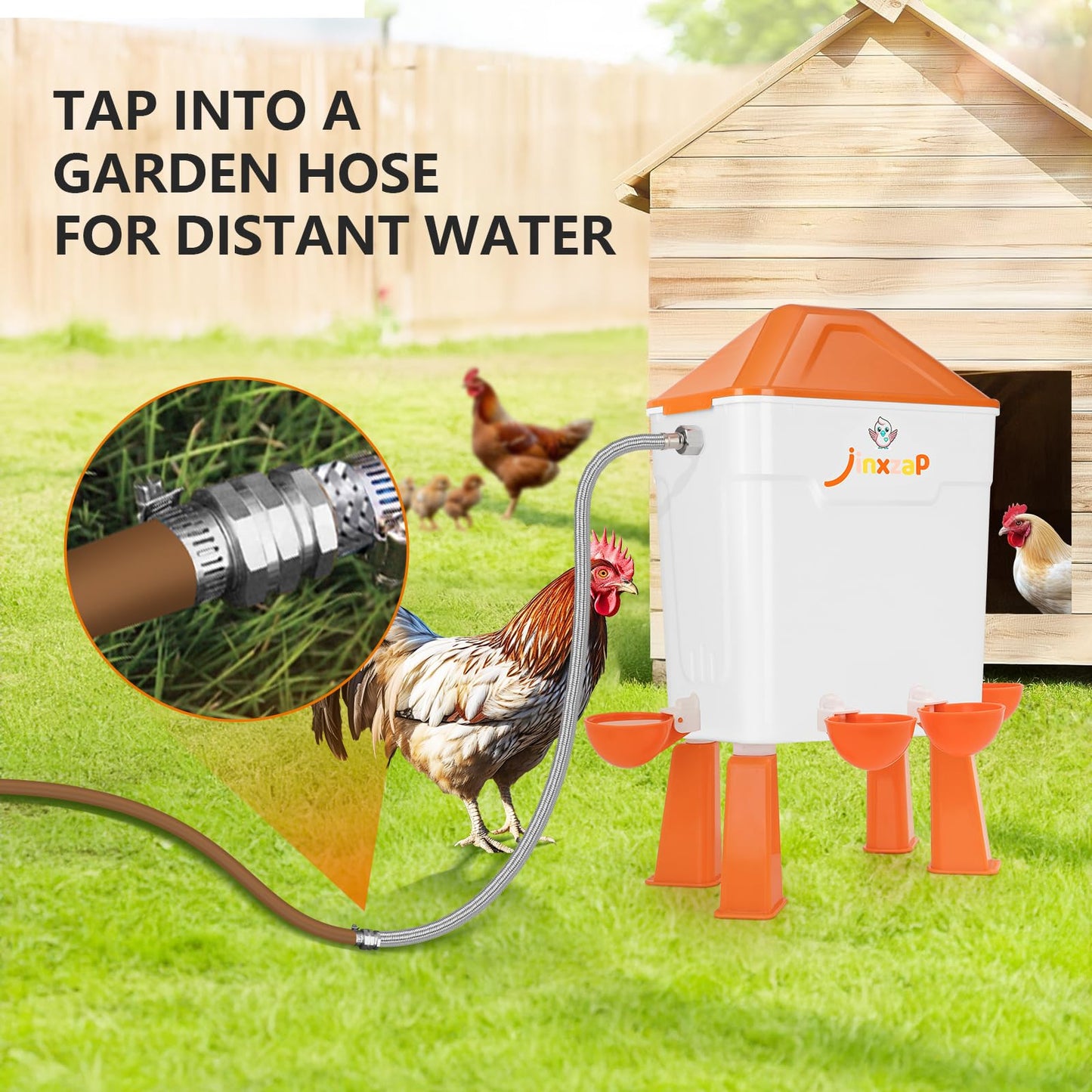 JinxZap 3 Gal Automatic Chicken Waterer with Float Valve, Automatic Chicken Watering System with 60-Inch Hose (One End 3/4''), Large Waterer for Chicken Duck Quail Turkey