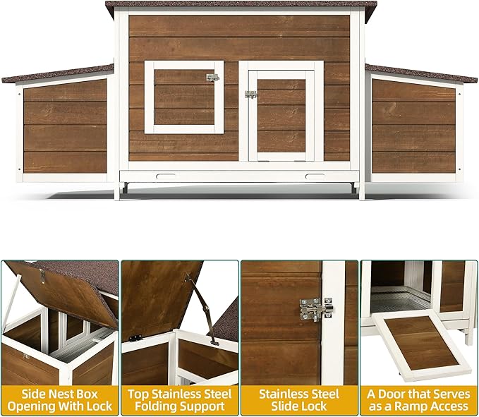 DWVO Solid Wood Chicken Coop for 4-6 Chickens, Outdoor Wooden Chicken Run Pen with 2 Nesting Boxes, Poultry Cage Rabbit Hutch Duck Coop Hen House w Weatherproof Roof & Removable Tray, Brown