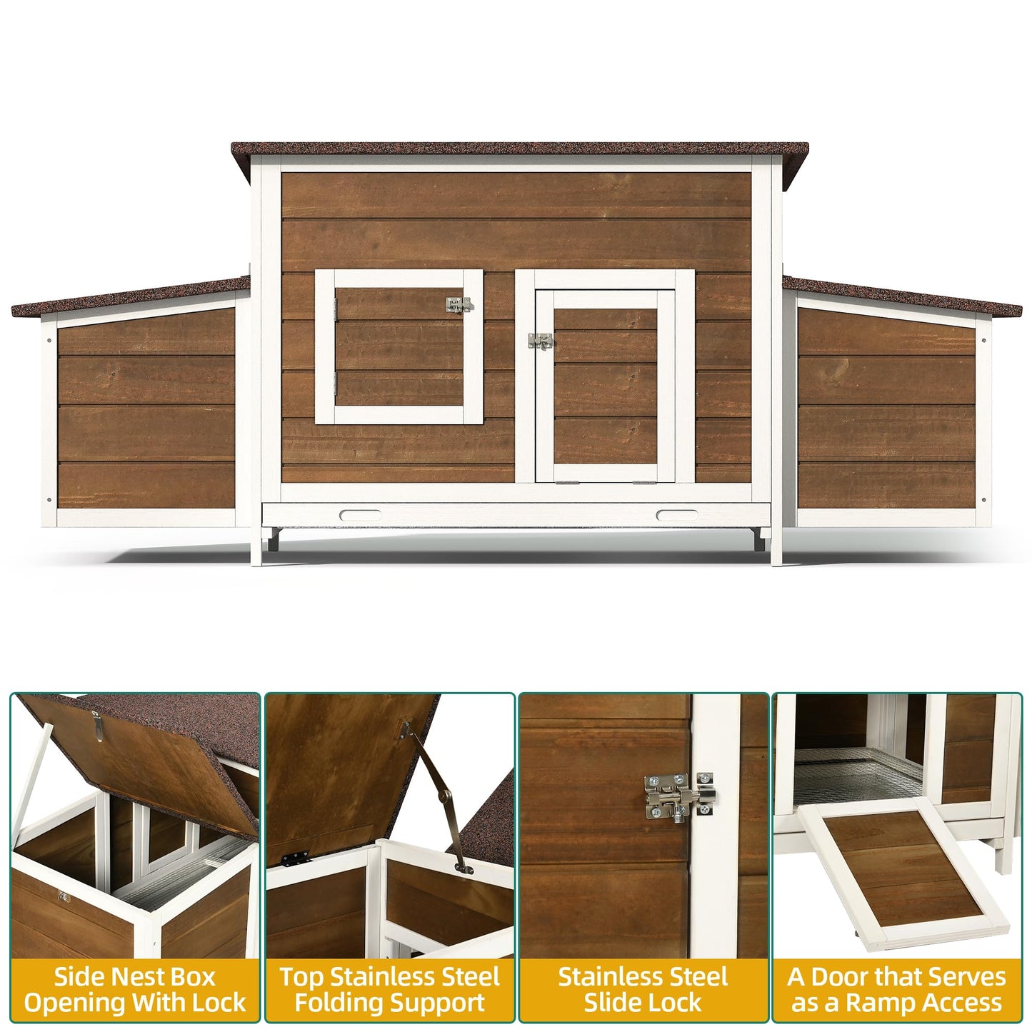 DWVO Solid Wood Chicken Coop for 4-6 Chickens, Outdoor Wooden Chicken Run Pen with 2 Nesting Boxes, Poultry Cage Rabbit Hutch Duck Coop Hen House w Weatherproof Roof & Removable Tray, Brown