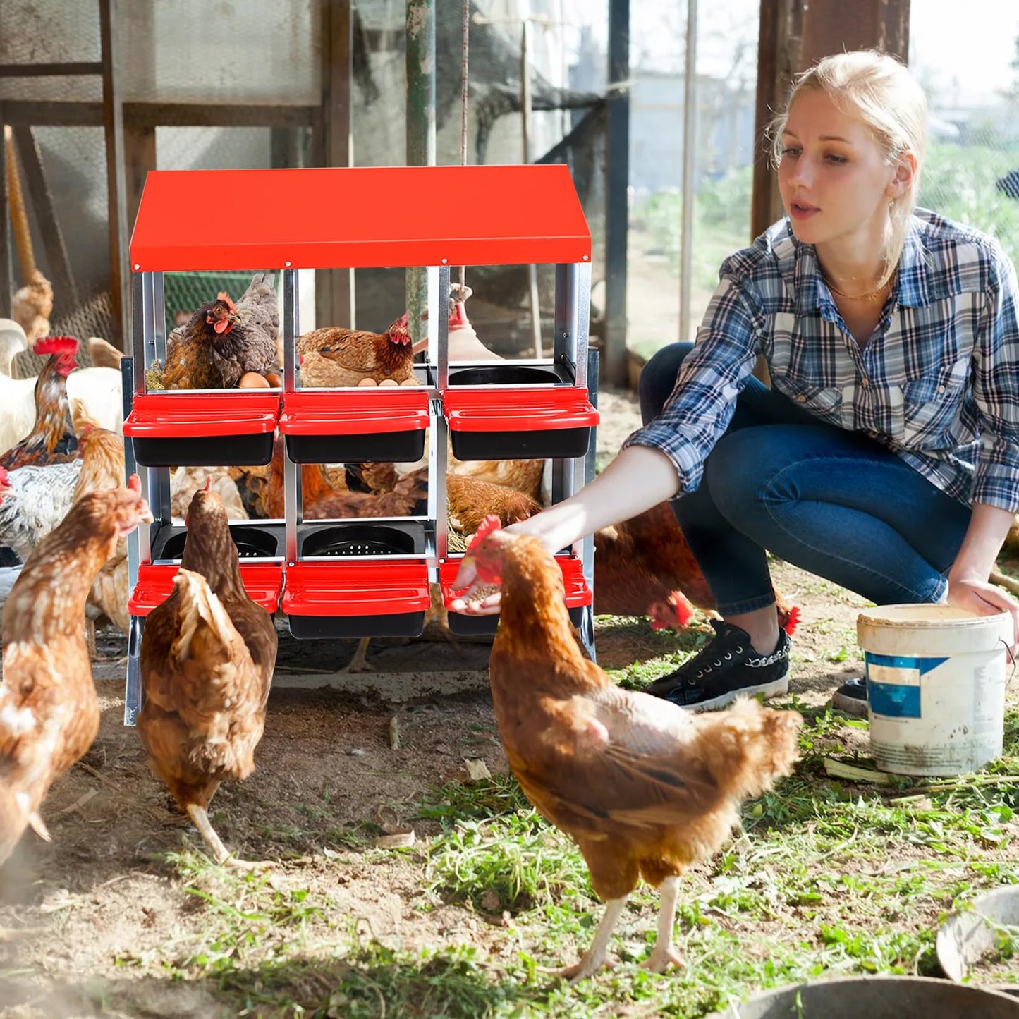 Chicken Nesting Boxes for Laying Eggs, 6 Compartment Nesting Boxes for Chickens, Roll Away Chicken Laying Box for Chicken Hens Poultry, with Legs, Red