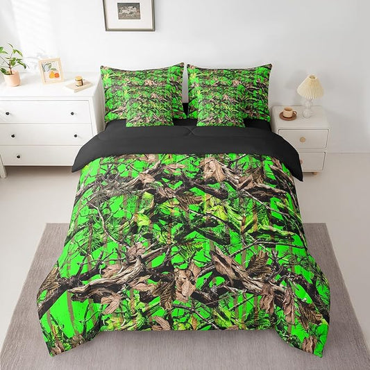 Feelyou Tree Branches 7 Pieces Bedding Set, for Kids Wild Hunting Leaf Bed Set Queen Size Botanical Tree Bed in a Bag with Comforter, Sheets, Pillowcases Bedroom Decor Nature Theme Green Brown