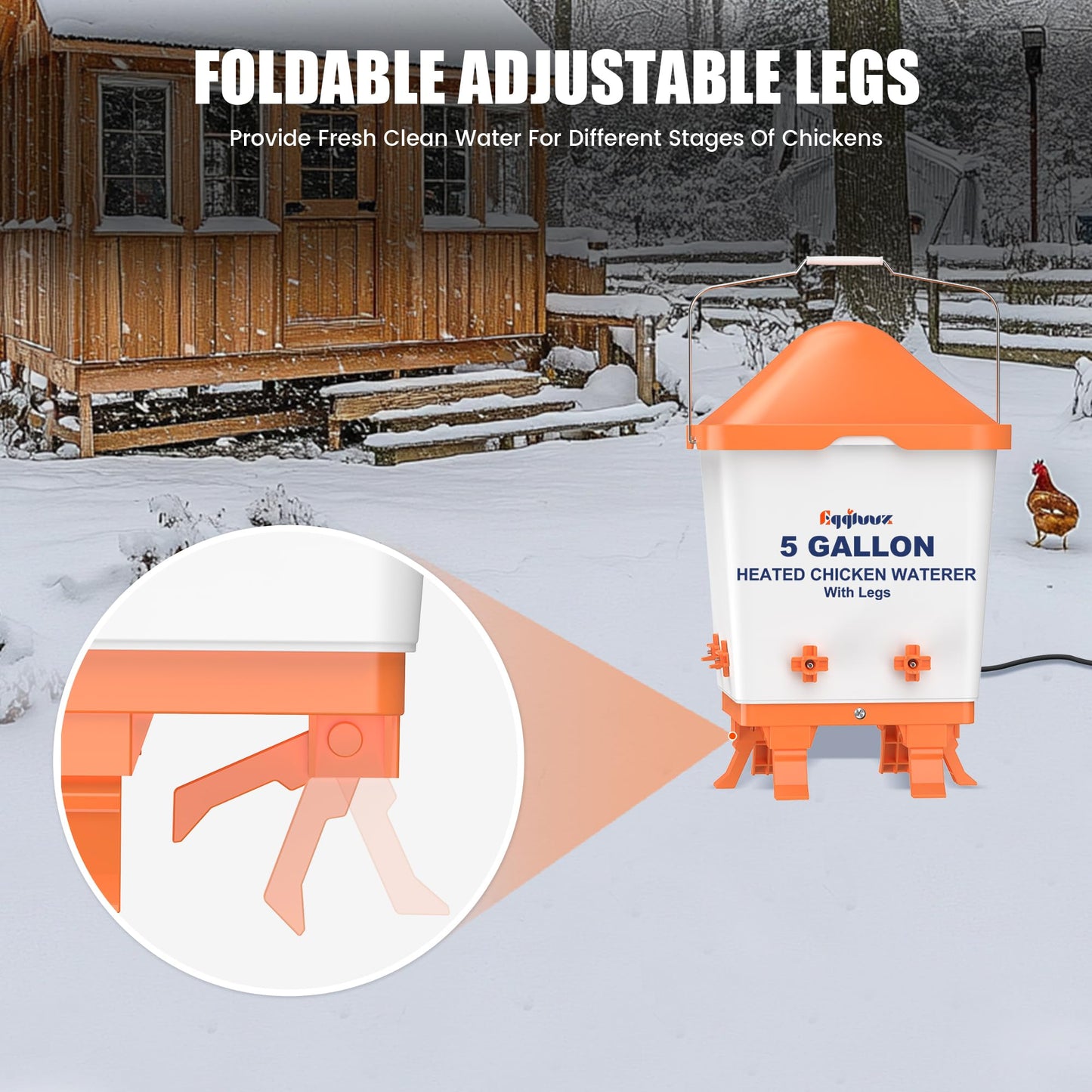 Eggluuz Heated Chicken Waterer 5 Gallon Thermostatically Controlled Poultry Water Heater with 8 Horizontal Nipples for Winter