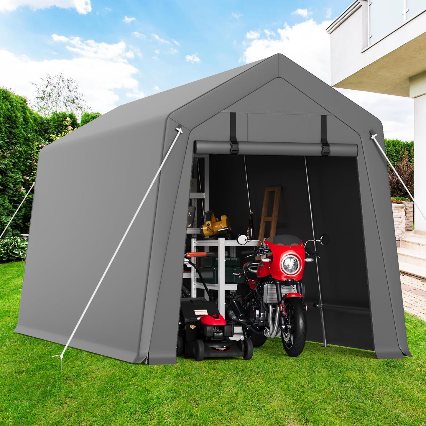 Garvee 7'x10' Outdoor Portable Storage Shed, Waterproof & UV-Resistant Garage Shelter with 2 Roll-Up Zipper Doors, Anti-Snow Carport Tent for Motorcycle, Bike, and Outdoor Equipment, Gray