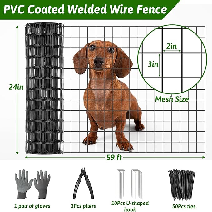 24 in x 59 Ft Welded Wire Fence Black PVC Coated Wire Mesh 2 x 3 in 14GA Garden Fence for Dog Border Fencing Roll Outdoor Animal Barrier Fence with U-Shape Hooks for Yard Plant Vegetable Protection