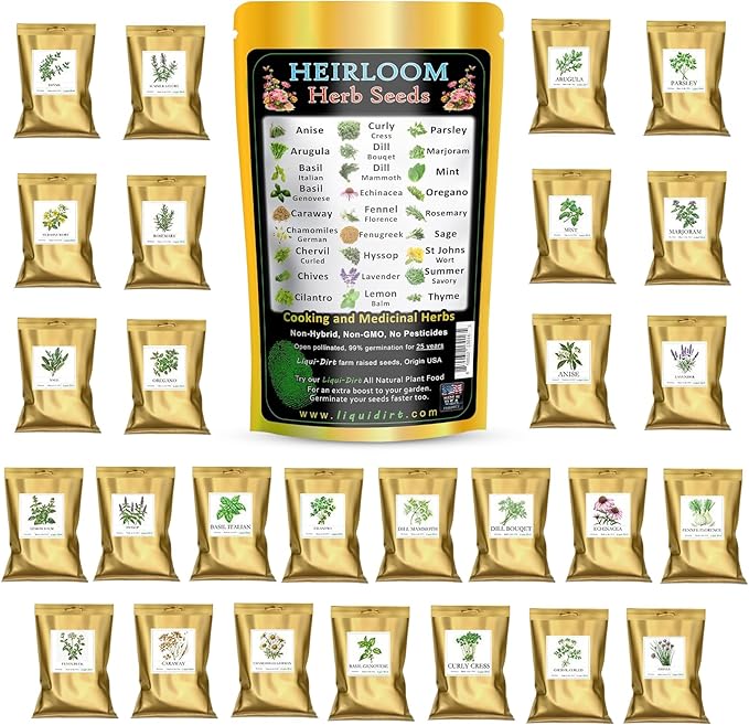 Herb Seeds 27 Varieties Liquidirt Heirloom Culinary and Medicinal - Over 12,000 Seeds - Non-Hybrid and No Chemicals and Non-GMO Survival Garden Seed Bank