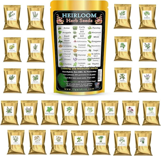 Herb Seeds 27 Varieties Liquidirt Heirloom Culinary and Medicinal - Over 12,000 Seeds - Non-Hybrid and No Chemicals and Non-GMO Survival Garden Seed Bank