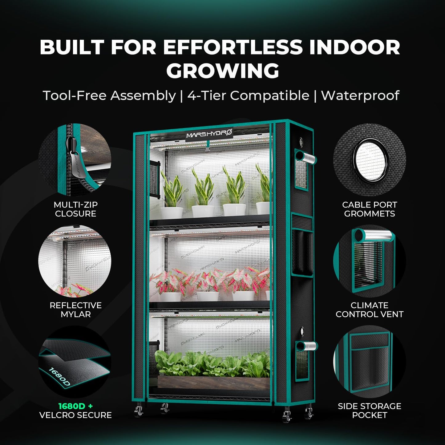 MARS HYDRO 2025 Plant Stand with Grow Lights,6-Tier Plant Shelf with 10 Full Spectrum LED Lamps (225W, 3ft) & Grow Tent | for Vegetables, Seedlings, Plant Growth | 5000K, 43x16x71''