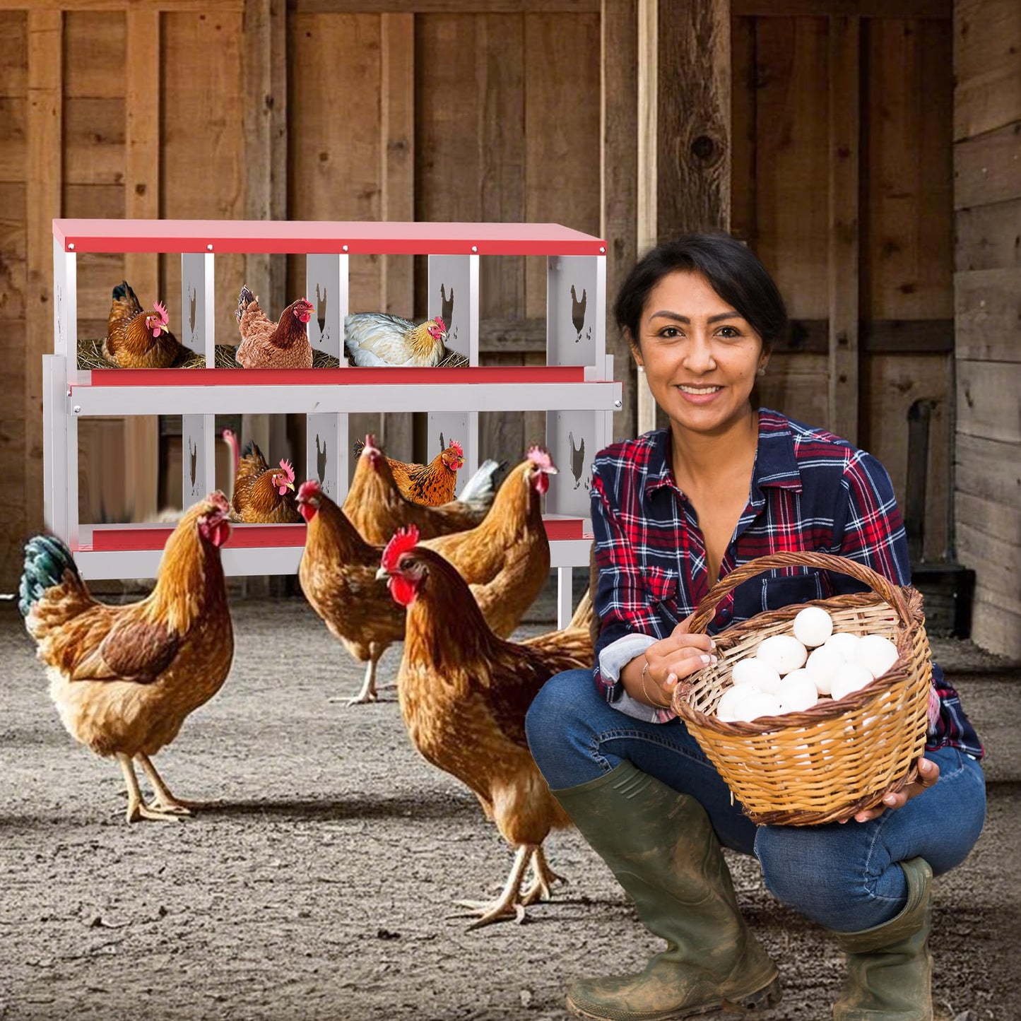 Chicken Nesting Box, 8 Hole Chicken Nesting Box with Legs, Metal Chickens Laying Boxes with Perch, Metal Roll Away Eggs Laying Boxes, Versatile Wall Mount or Free Standing for Chickens