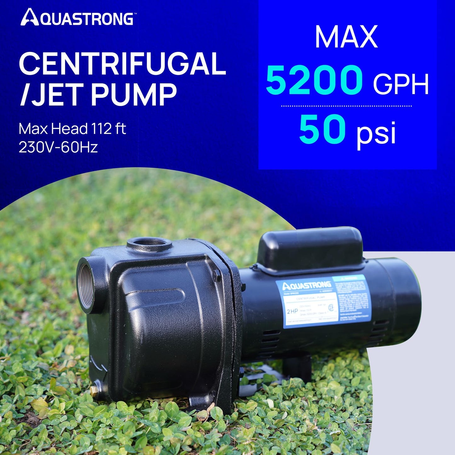 AQUASTRONG 2 HP Shallow Well Jet/Centrifugal Pump, 5200 GPH, 230V, Durable Cast Iron Booster Pump for Lawn Sprinkler, Garden Irrigation