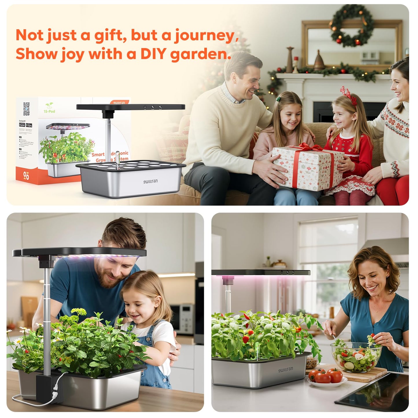 owltron Smart Hydroponics Growing System Kit,15 Pods Indoor Herb Garden with 36W LED Grow Light & APP Control, Planting Height Up to 30", Quiet Water Pump, Stainless Steel - Ideal Gift for All Ages