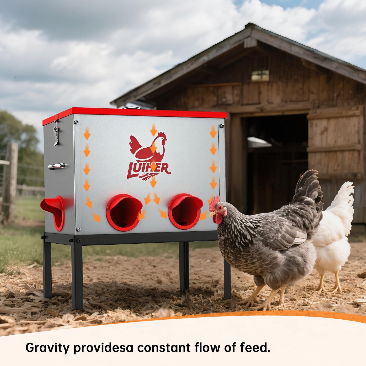 LUIHER Poultry Feeder-25LB no Waste chincken Feeder 6 Ports Large Capacity Galvanized Metal Poultry Feeder with Legs and Lids - Reduces Refilling Frequency Chicken Feeding Equipment for Hen Coop